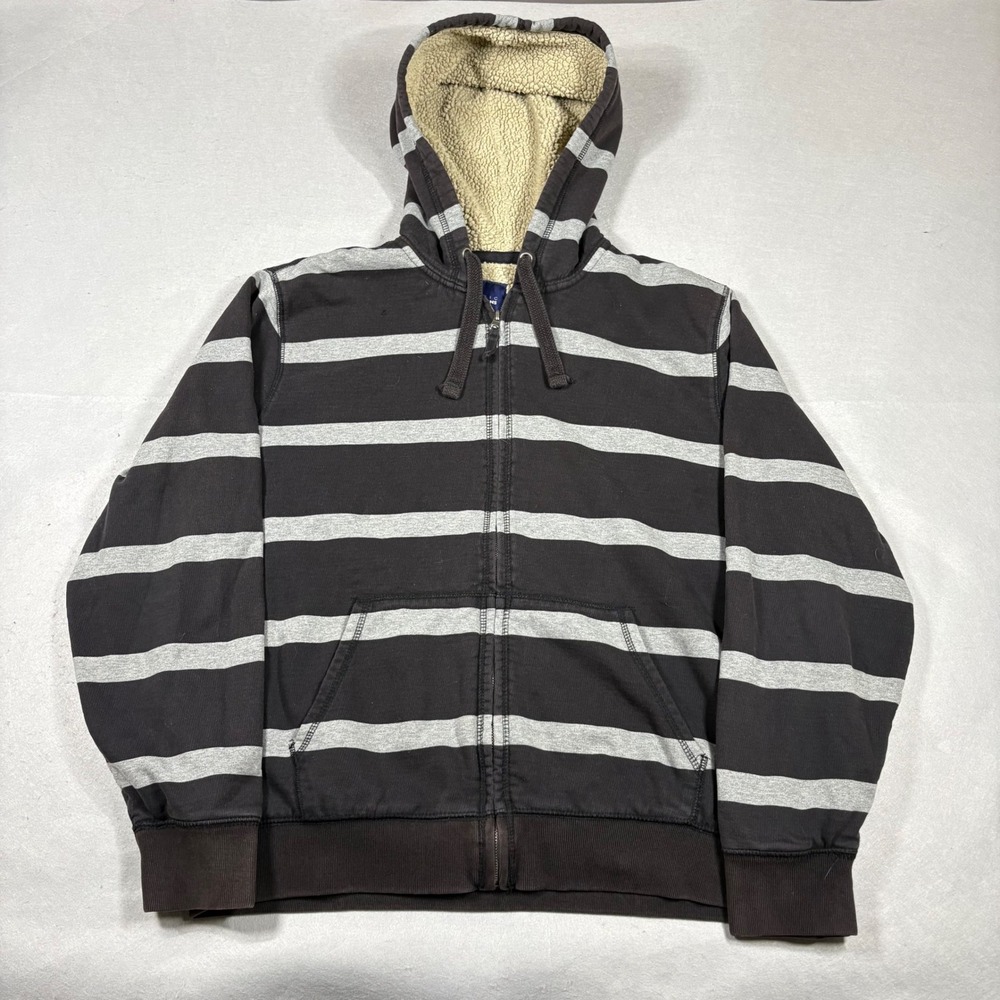 Y2K Grunge Mens Sherpa Lined Hooded Sweatshirt Black Gray Striped Large